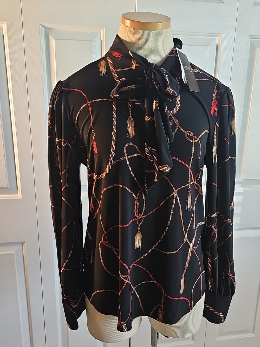Ralph Lauren Black Rope-Print Bow Tie Blouse Tassel Accents. Black Label Med NWT